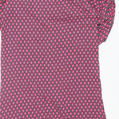Next Womens Pink Geometric Viscose Shift Size 10 V-Neck Pullover - Puff Sleeve