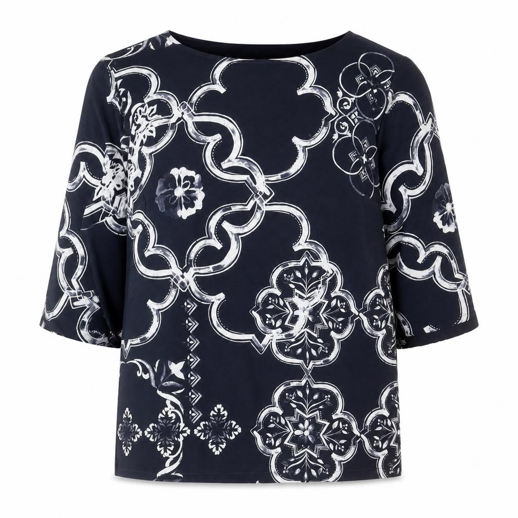 NEXT Womens Blue Geometric Polyester Basic Blouse Size 8 Round Neck - Slit Sleeve Detail