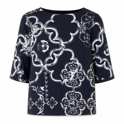 Next Womens Blue Geometric Polyester Basic Blouse Size 8 Round Neck - Slit Sleeve Detail