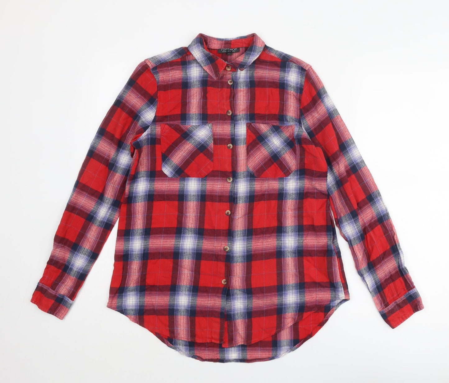 Topshop Womens Multicoloured Plaid Cotton Basic Button-Up Size 8 Collared