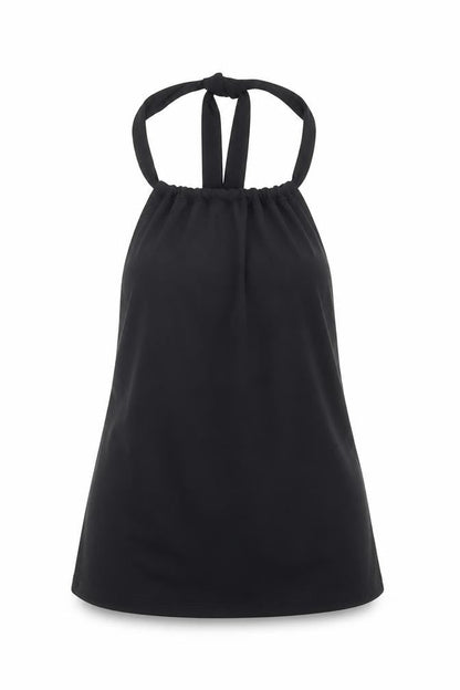 Front view of ASOS women’s black polyester basic tank, size UK 8, halter