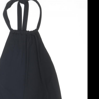 Close-up detail of ASOS women’s black polyester basic tank, size UK 8, halter