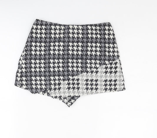 Topshop Womens Grey Geometric Cotton Skort Size 6 Zip - Houndstooth pattern