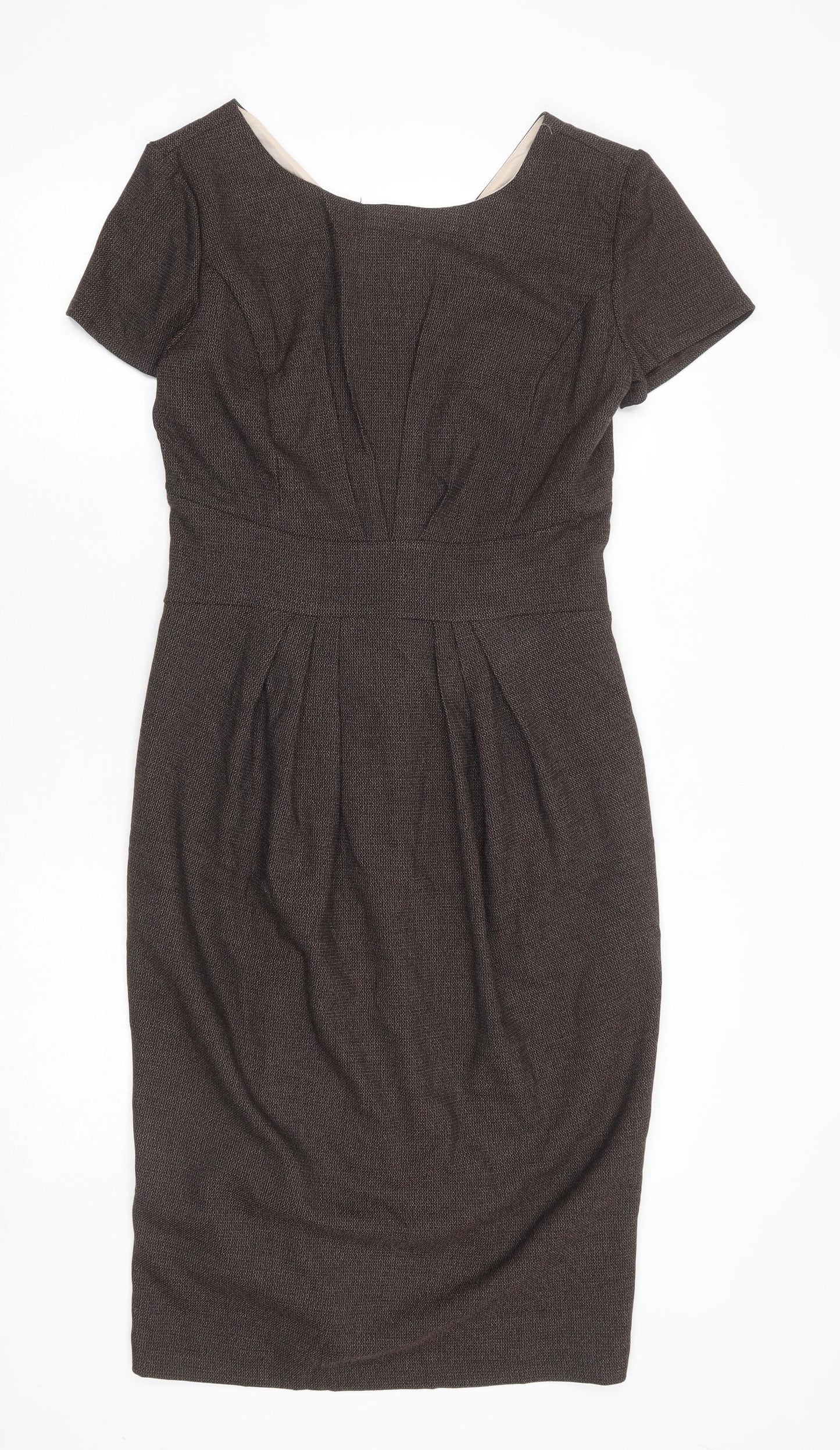 Collection Womens Brown Polyester Pencil Dress Size 12 Boat Neck Zip - Front Pleat Detail