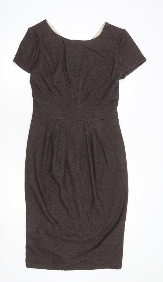 Collection Womens Brown Polyester Pencil Dress Size 12 Boat Neck Zip - Front Pleat Detail