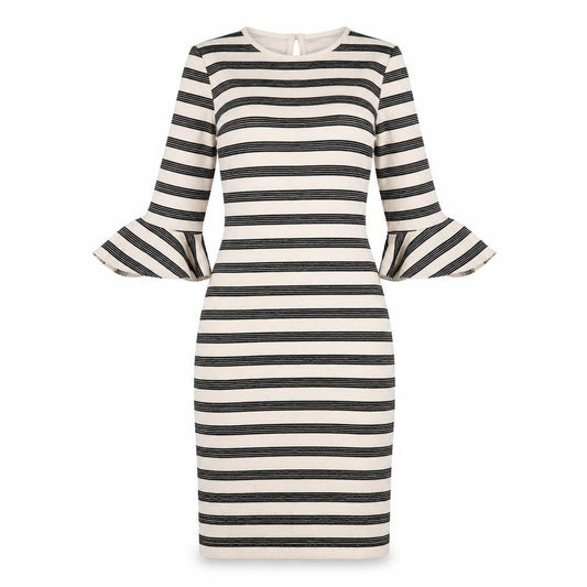 Limited Edition Womens Ivory Striped Cotton Pencil Dress Size 6 Round Neck Button - Ruffle Sleeve