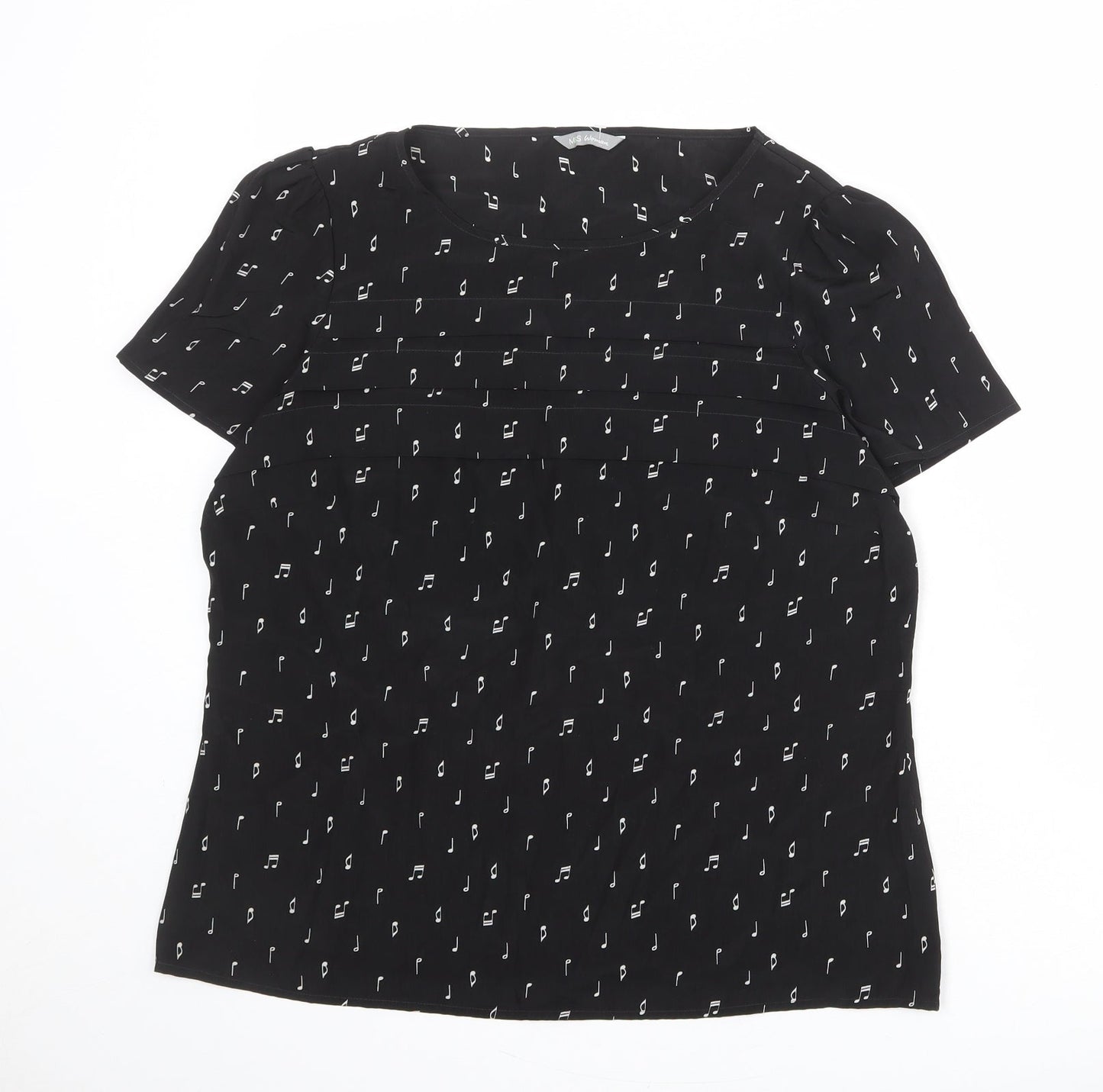 Marks and Spencer Womens Black Geometric Polyester Basic T-Shirt Size 10 Round Neck - Musical Note Pattern