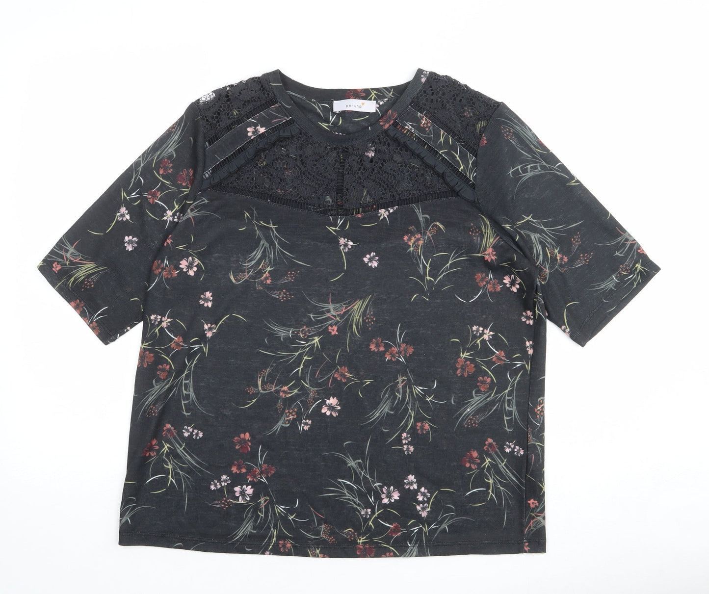Per Una Womens Grey Floral Cotton Basic T-Shirt Size 16 Round Neck - Lace Detail