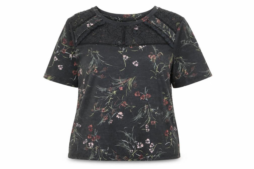 Per Una Womens Grey Floral Cotton Basic T-Shirt Size 16 Round Neck - Lace Detail