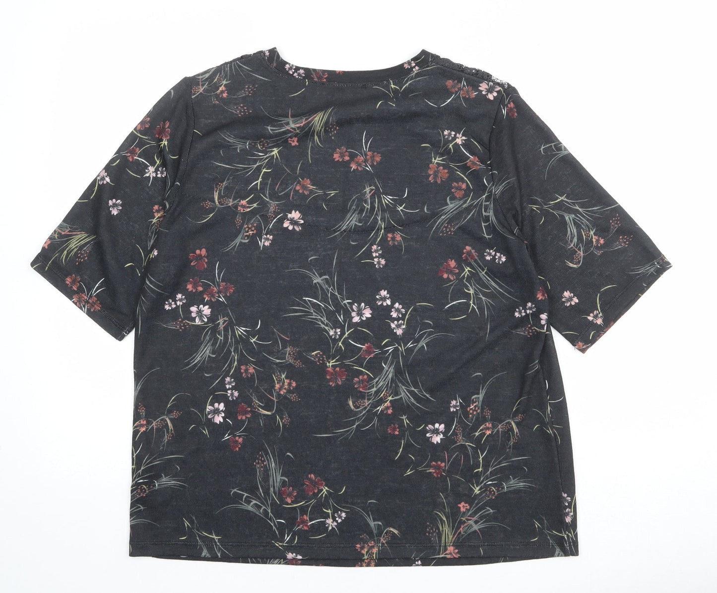 Per Una Womens Grey Floral Cotton Basic T-Shirt Size 16 Round Neck - Lace Detail
