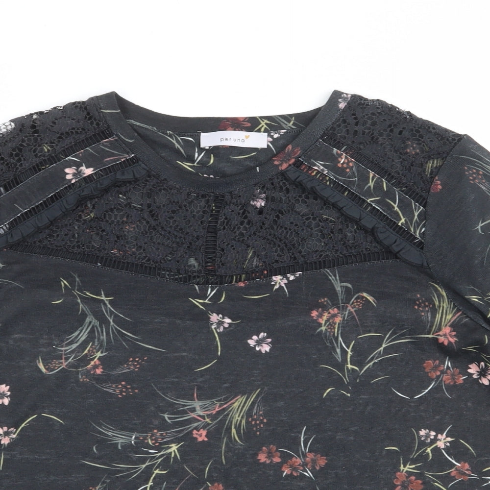 Per Una Womens Grey Floral Cotton Basic T-Shirt Size 16 Round Neck - Lace Detail