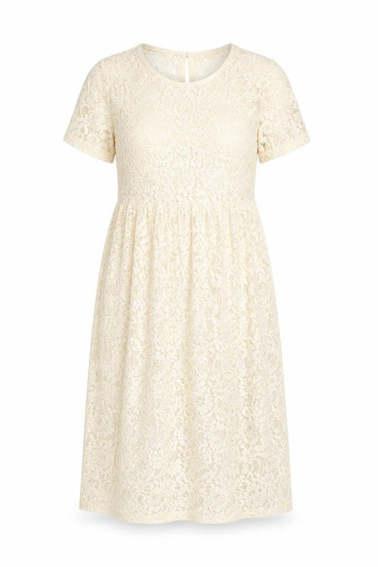 Front view of Miss Selfridge women’s ivory geometric cotton a-line, size UK 10, round neck button