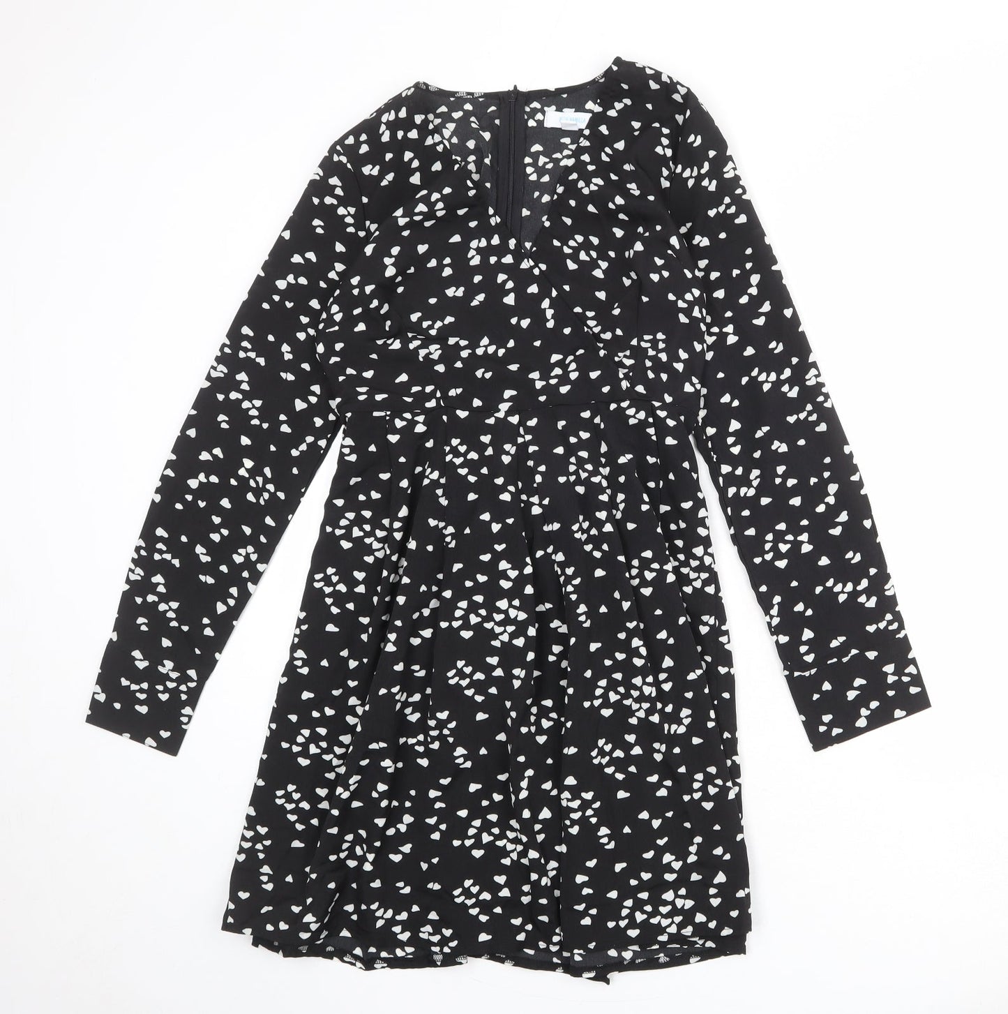 Blue Vanilla Womens Black Geometric Polyester A-Line Size 10 V-Neck Zip - Heart Print