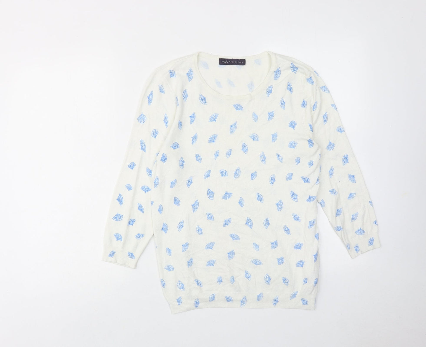 Marks and Spencer Womens White Round Neck Geometric Viscose Pullover Jumper Size 12 - Spanish Fan Print