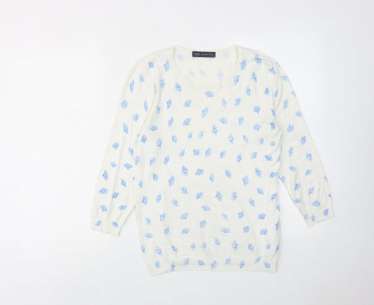 Marks and Spencer Womens White Round Neck Geometric Viscose Pullover Jumper Size 12 - Spanish Fan Print