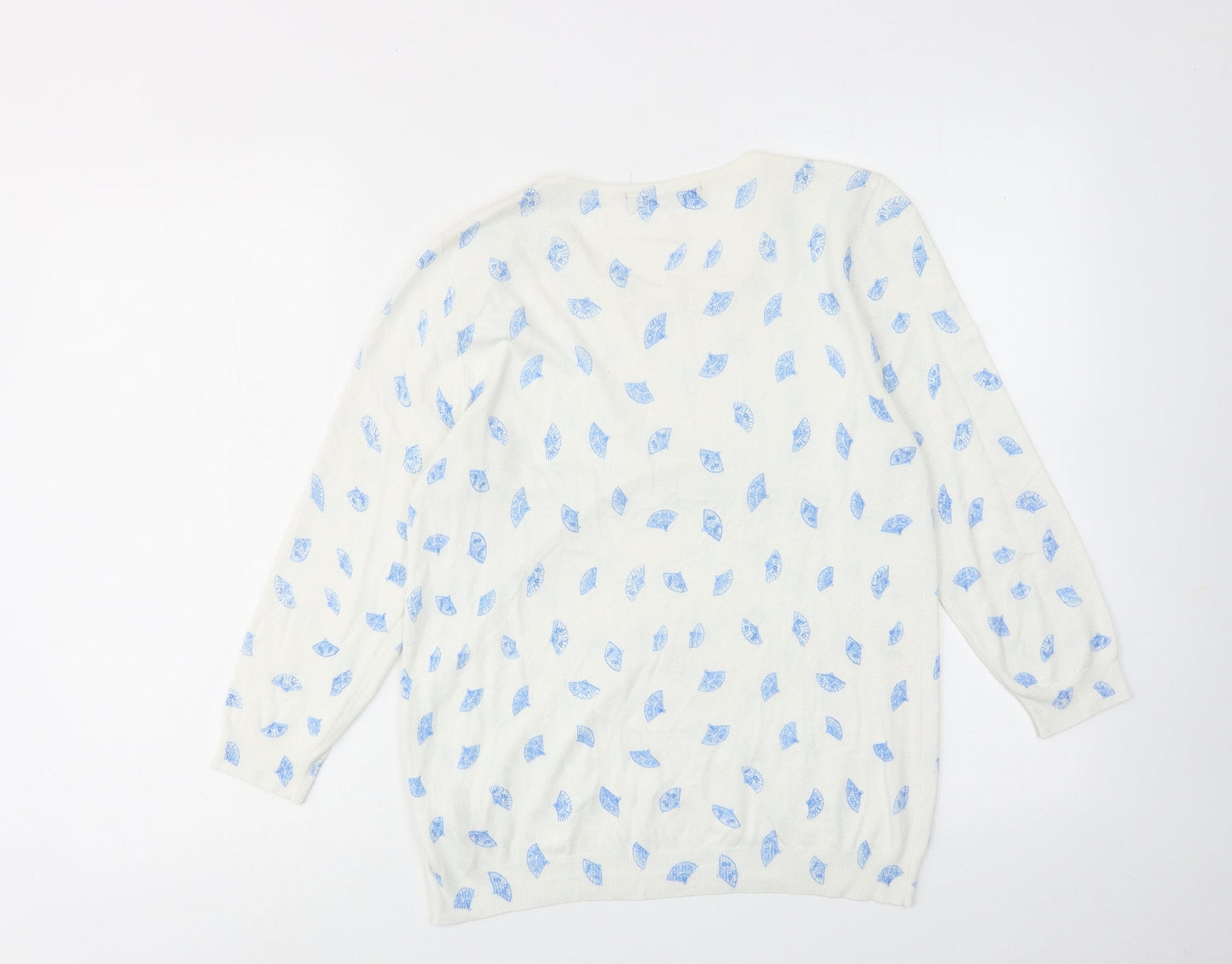 Marks and Spencer Womens White Round Neck Geometric Viscose Pullover Jumper Size 12 - Spanish Fan Print