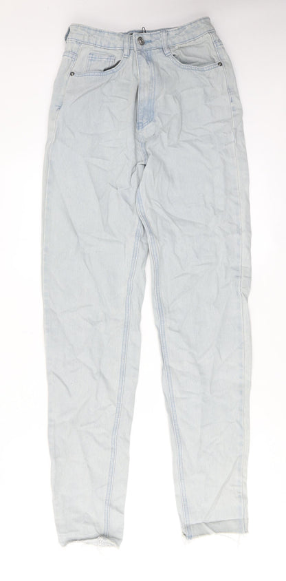 Additional front view of Missguided women’s blue cotton tapered jeans, size UK 8, regular zip
