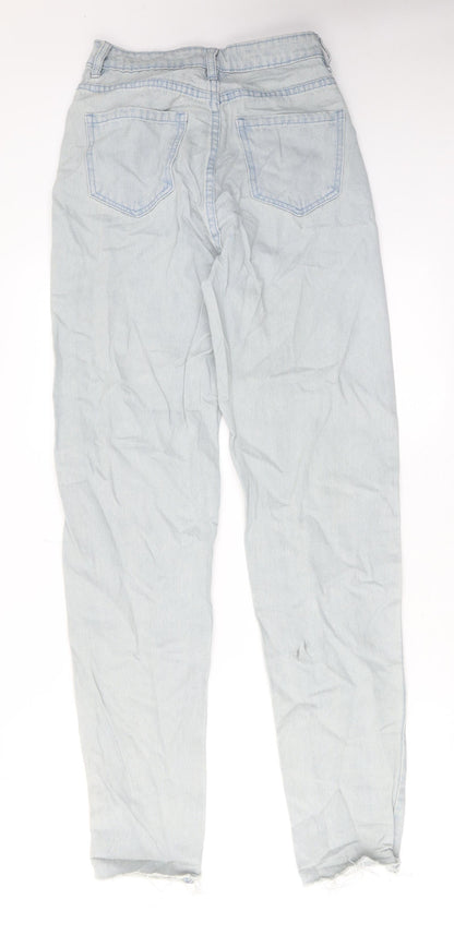 Back view of Missguided women’s blue cotton tapered jeans, size UK 8, regular zip