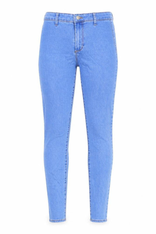 Front view of Denim & Co. women’s blue cotton skinny jeans, size UK 8, regular zip
