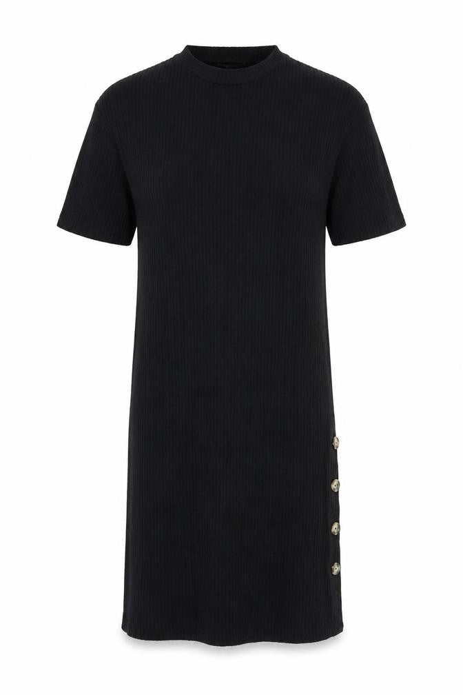 Pull&Bear Womens Black Viscose T-Shirt Dress Size XS Crew Neck Pullover - Ribbed