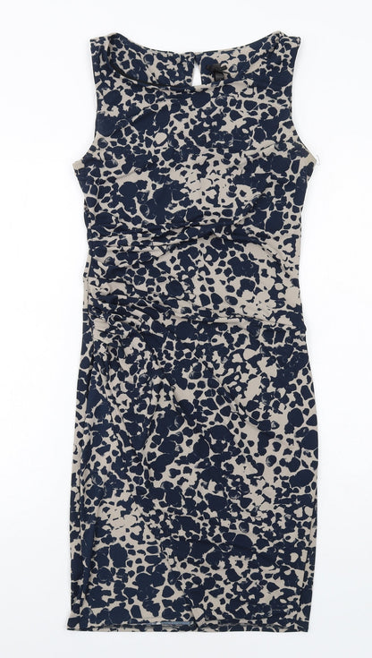 Next Womens Blue Geometric Polyester Shift Size 8 Round Neck Button