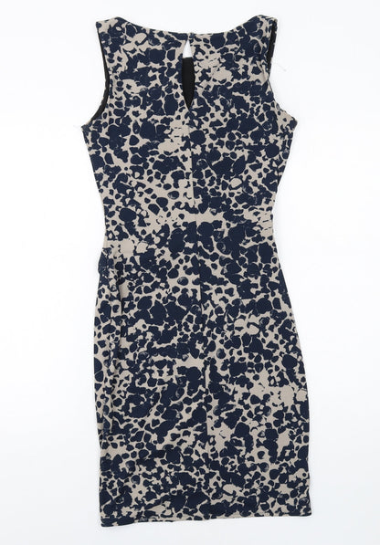 Next Womens Blue Geometric Polyester Shift Size 8 Round Neck Button