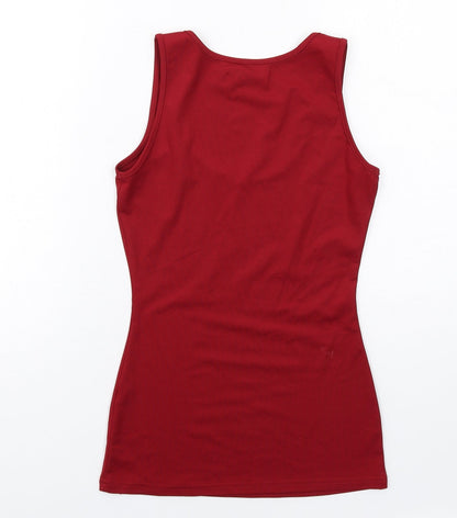 Back view of Missguided women’s red polyester basic tank, size UK 4, scoop neck