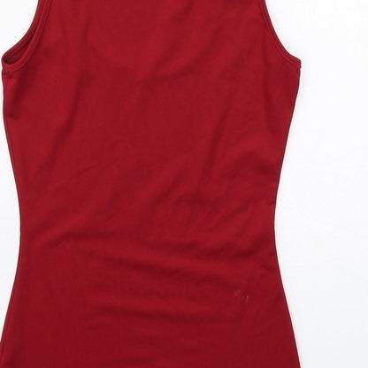 Brand and care label for Missguided women’s red polyester basic tank, size UK 4, scoop neck