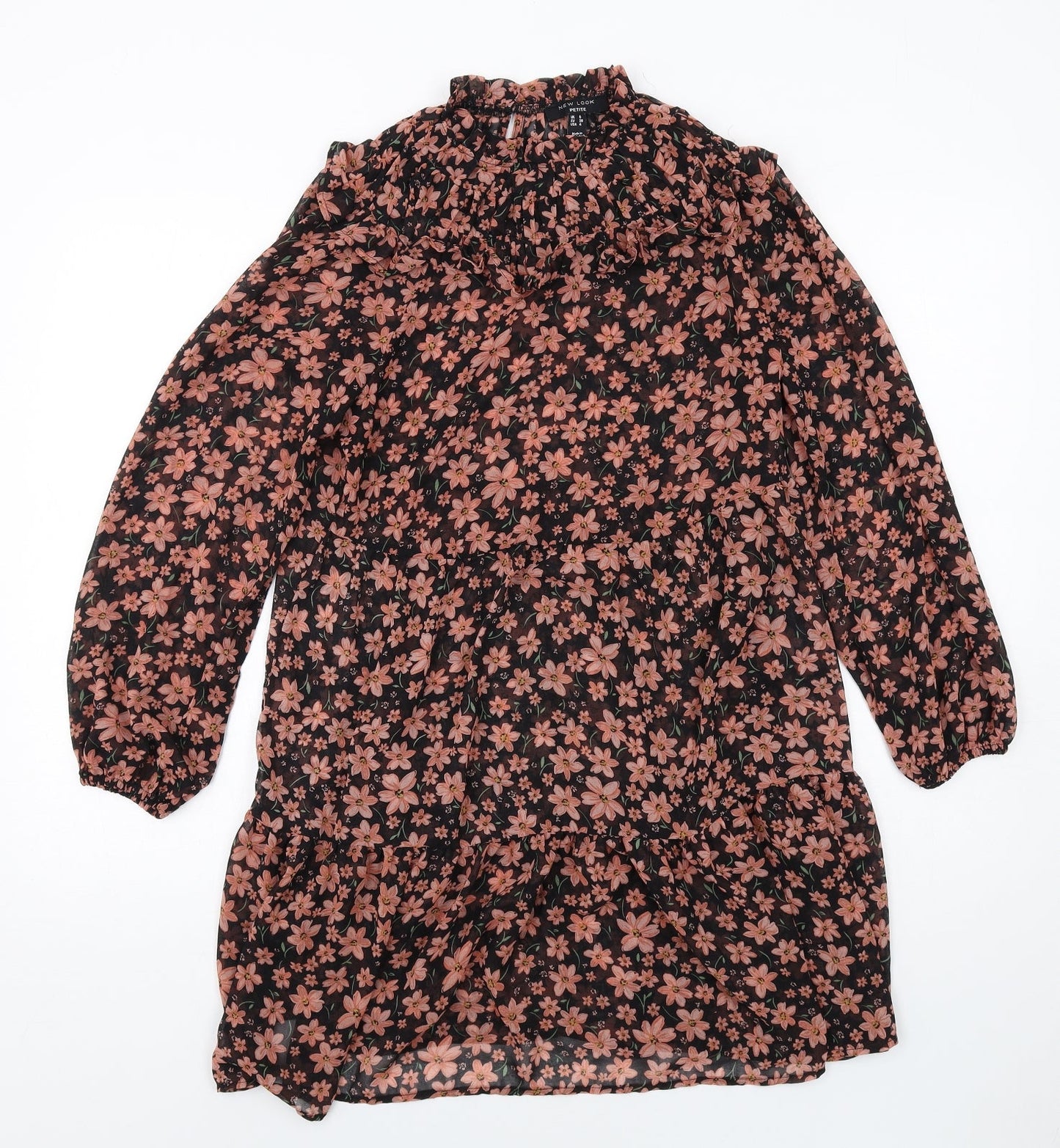 New Look Womens Black Floral Polyester A-Line Size 8 Mock Neck Button
