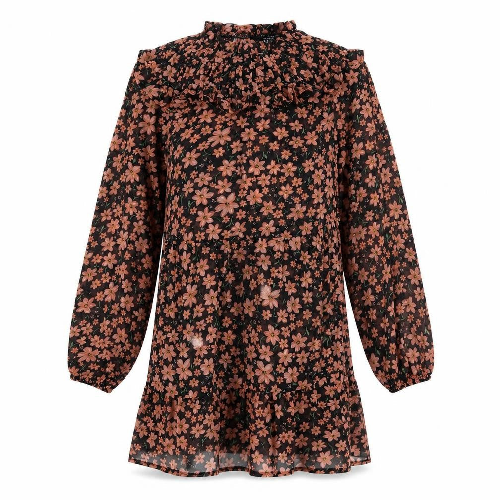 New Look Womens Black Floral Polyester A-Line Size 8 Mock Neck Button
