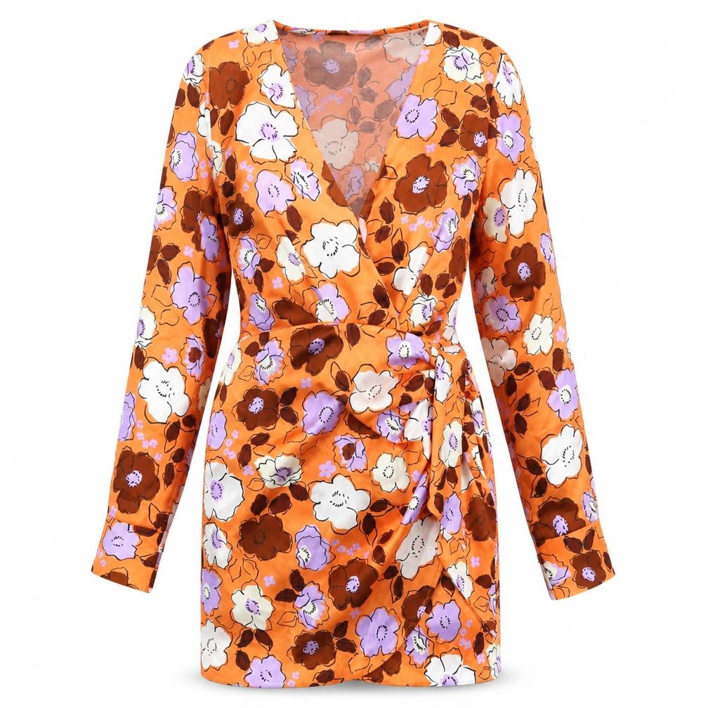 Zara Womens Orange Floral Polyester Bodycon Size S V-Neck Tie