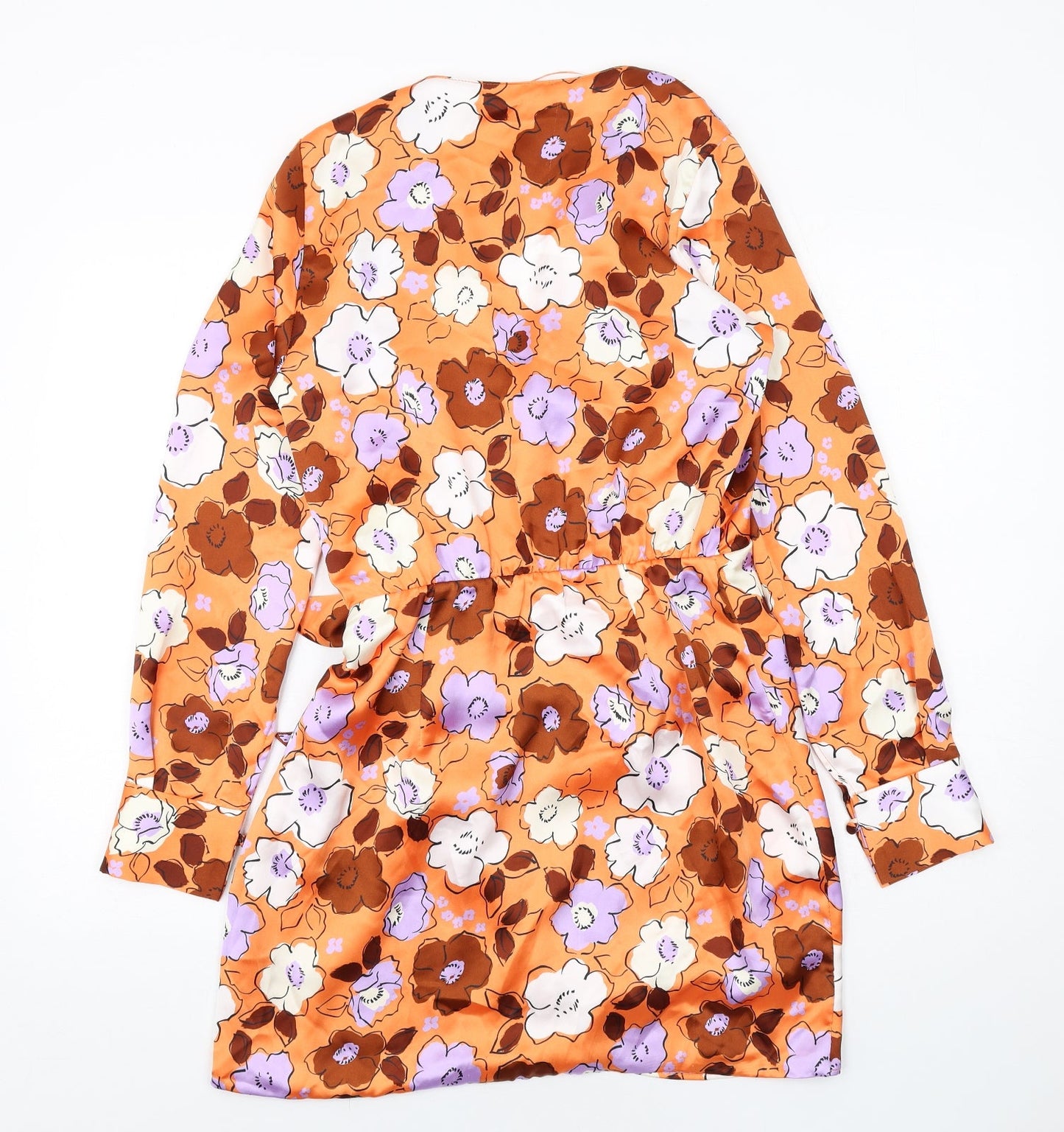 Zara Womens Orange Floral Polyester Bodycon Size S V-Neck Tie