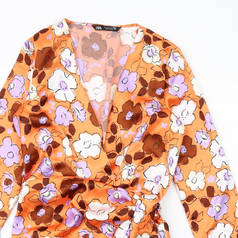 Zara Womens Orange Floral Polyester Bodycon Size S V-Neck Tie
