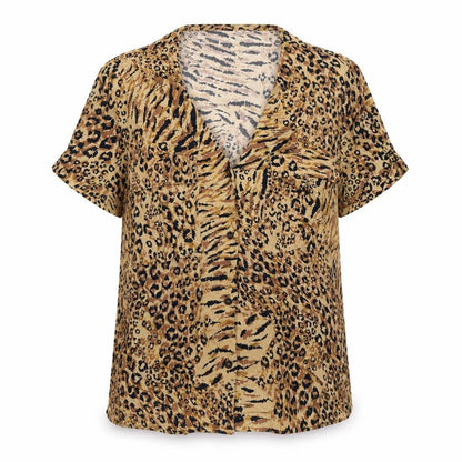 Warehouse Womens Beige Animal Print Viscose Basic Button-Up Size 14 Round Neck - Leopard Print
