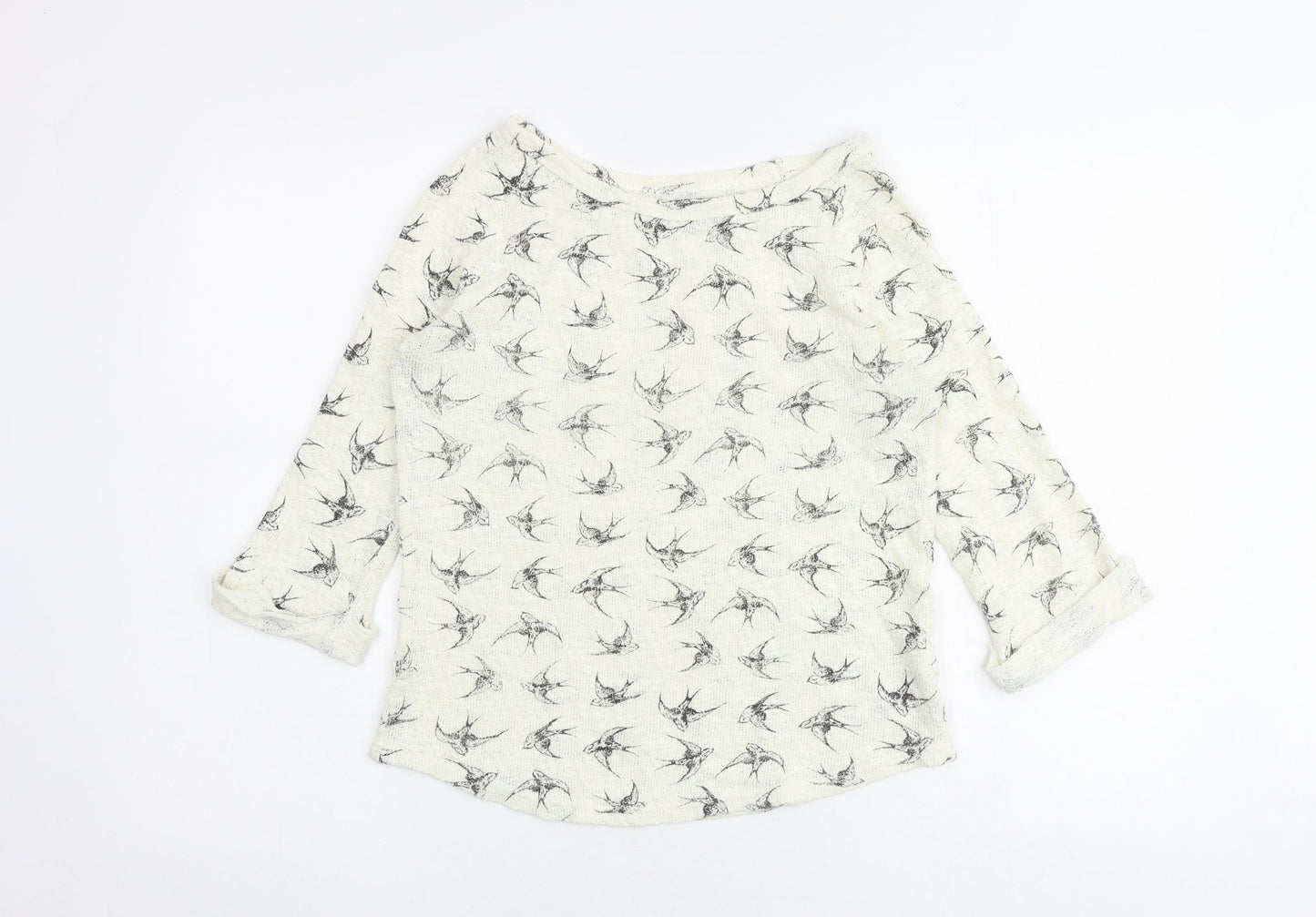 New Look Womens Ivory Boat Neck Geometric Cotton Pullover Jumper Size 8 - Bird pattern