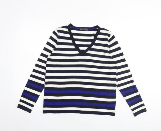 Marks and Spencer Womens Multicoloured V-Neck Striped Acrylic Pullover Jumper Size 14