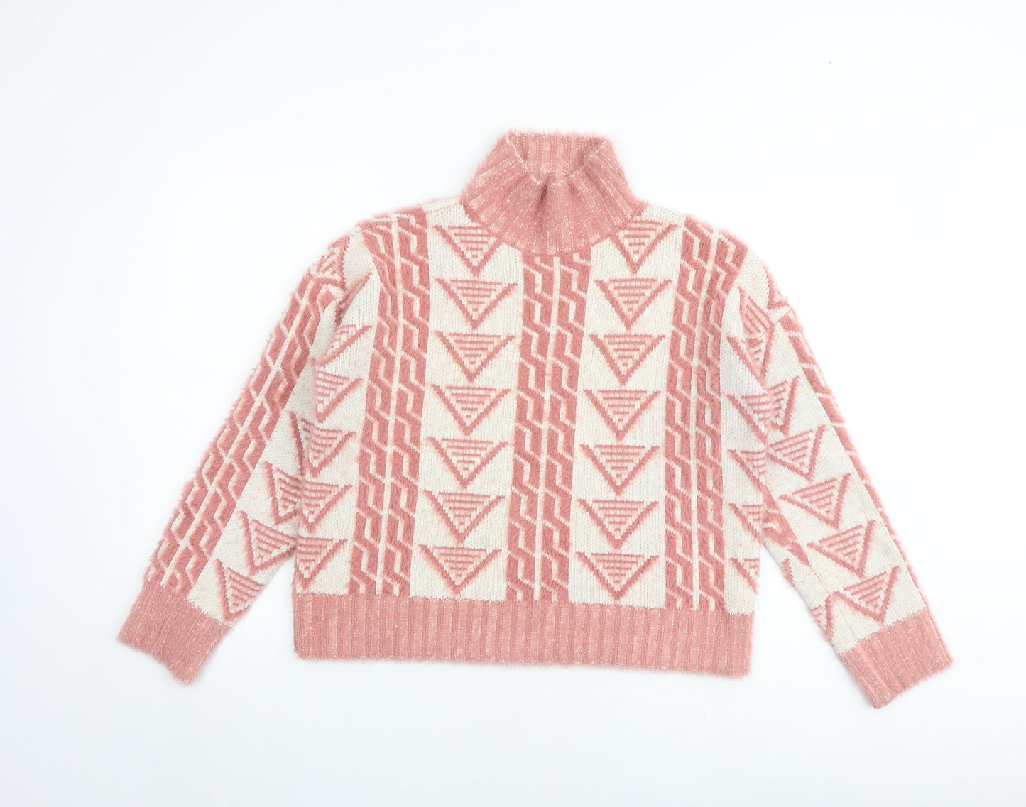 Fashion Union Womens Pink Mock Neck Geometric Acrylic Pullover Jumper Size 8