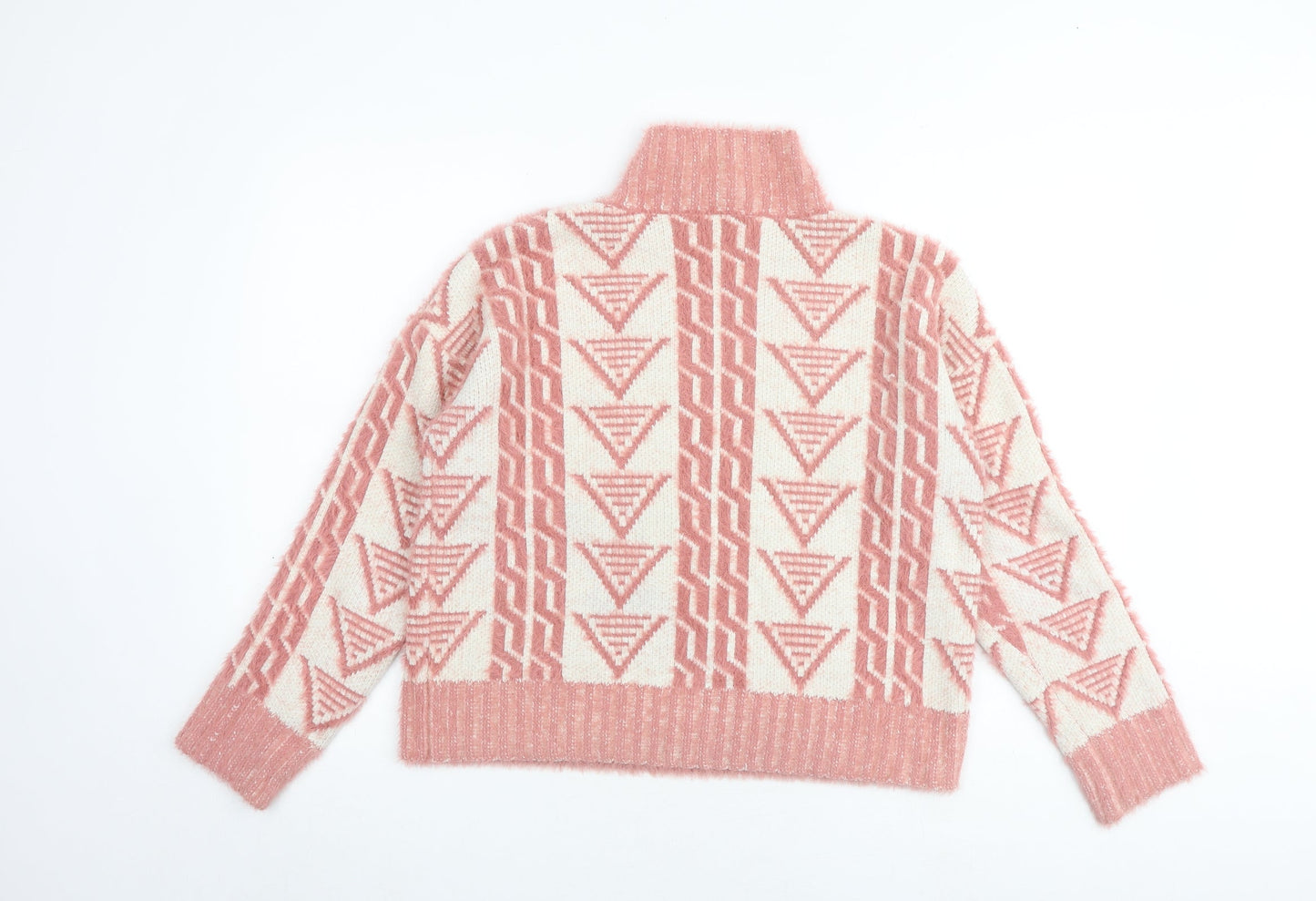 Fashion Union Womens Pink Mock Neck Geometric Acrylic Pullover Jumper Size 8