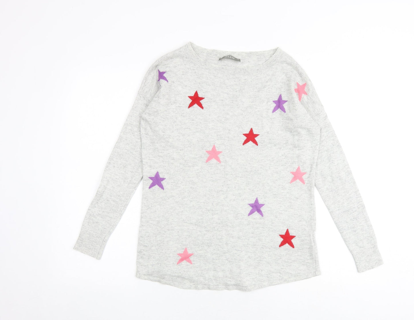 Oasis Womens Grey Round Neck Geometric Viscose Pullover Jumper Size XS - Stars