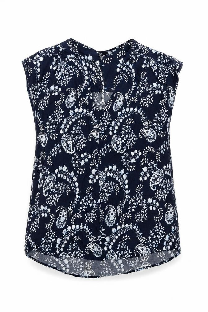 H&M Womens Blue Paisley Viscose Basic Blouse Size 8 V-Neck