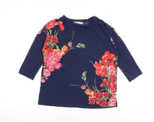 Oasis Womens Blue Floral 100% Cotton Basic T-Shirt Size XS Crew Neck