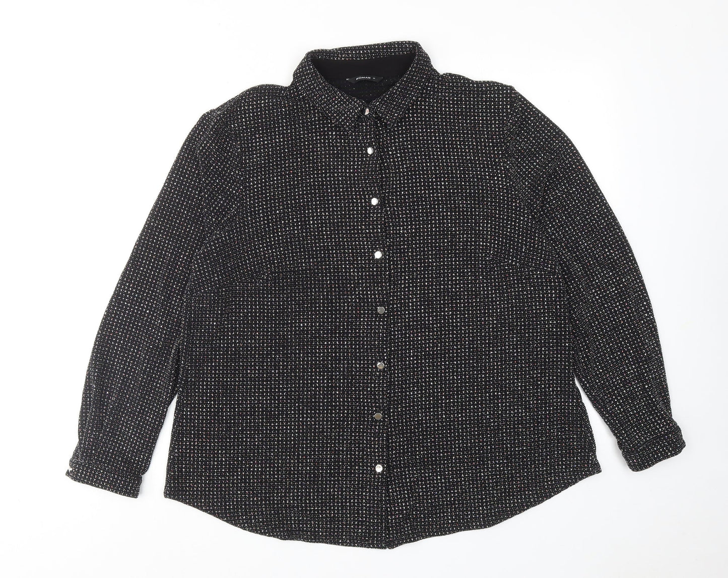 Roman Womens Black Geometric Polyamide Basic Button-Up Size 16 Collared