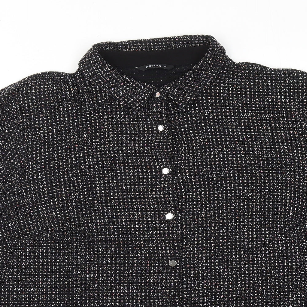 Roman Womens Black Geometric Polyamide Basic Button-Up Size 16 Collared