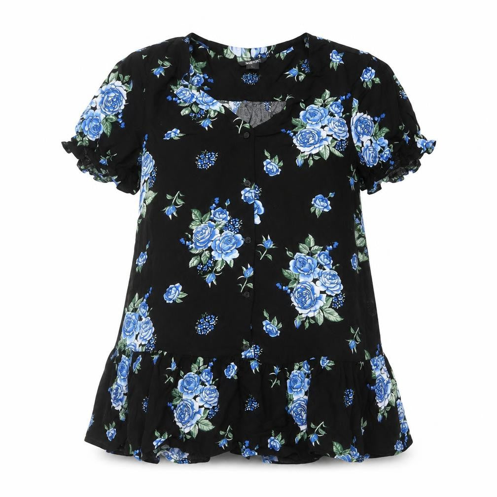 Monki Womens Black Floral Viscose Basic Blouse Size S V-Neck