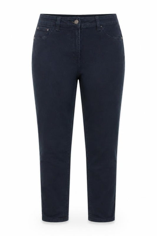 Front view of Denim & Co. women’s blue cotton skinny jeans, size UK 14, 26-inch leg regular button