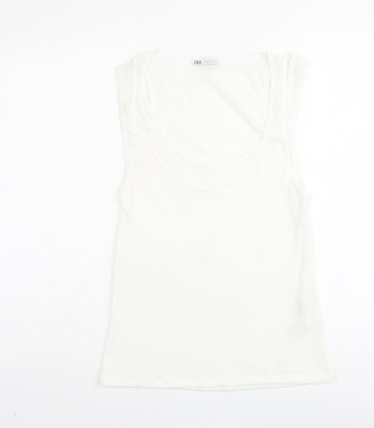 Zara Womens Ivory Polyester Basic T-Shirt Size L Scoop Neck