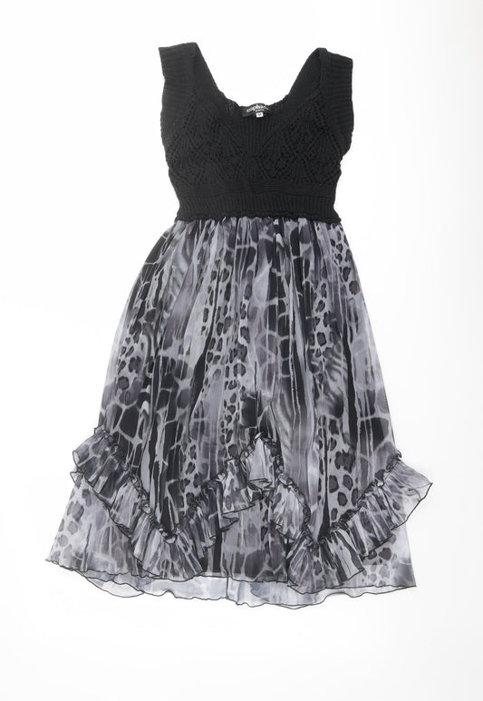 Emphasis Womens Black Animal Print Polyester Fit & Flare Size M Scoop Neck Pullover - Crochet Top