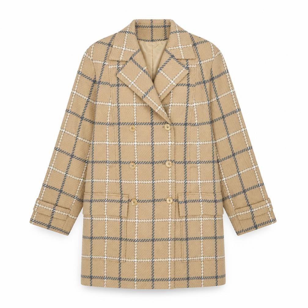LUCIA Womens Beige Check Overcoat Coat Size 14 Button