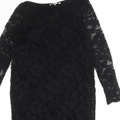 Close-up detail of mamas & papas women’s black nylon shift, size UK 12, round neck pullover