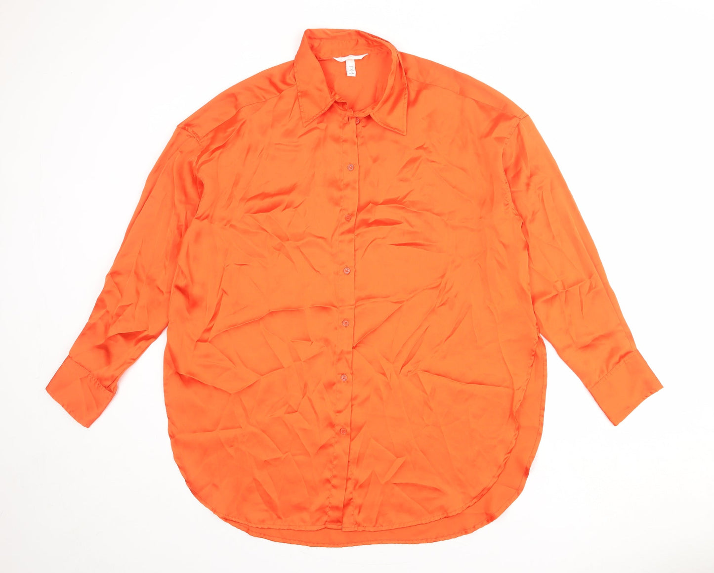 H&M Womens Orange Polyester Basic Button-Up Size S Collared